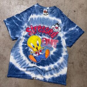 Vintage 2000 Looney Tunes‎ Stressed Out Tie Dye Tee Cartoon Graphic Print Large